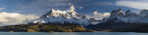 Framed Lake in front of mountains, Lake Pehoe, Cuernos Del Paine, Paine Grande, Torres del Paine National Park, Chile Print