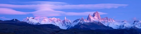 Framed Lenticular clouds and pre-dawn light over mountains, Mt Fitzroy, Cerro Torre, Argentine Glaciers National Park, Argentina Print