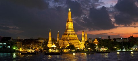 Framed Buddhist temple lit up at dawn, Wat Arun, Chao Phraya River, Bangkok, Thailand Print