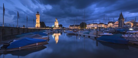 Framed Harbor at dusk, Lindau, Lake Constance, Bavaria, Germany Print