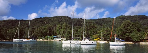 Framed Yachts anchored at the harbor on La Digue Island, Seychelles Print