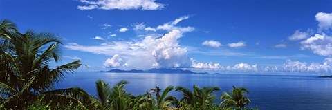 Framed Indian ocean with palm trees towards Mahe Island looking from North Island, Seychelles Print