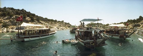 Framed Boats with people swimming in the Mediterranean sea, Kas, Antalya Province, Turkey Print