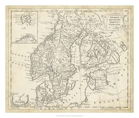 Framed Map of Sweden &amp; Denmark Print