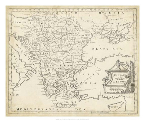 Framed Map of Hungary &amp; Turkey in Europe Print