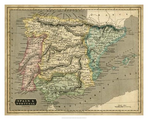 Framed Thomson&#39;s Map of Spain &amp; Portugal Print