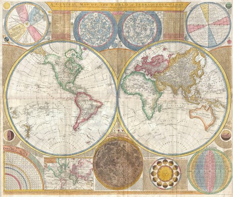 Framed 1794 Samuel Dunn Wall Map of the World in Hemispheres Print