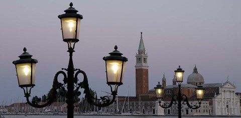 Framed Lampposts lit up at dusk with building in the background, San Giorgio Maggiore, Venice, Italy Print