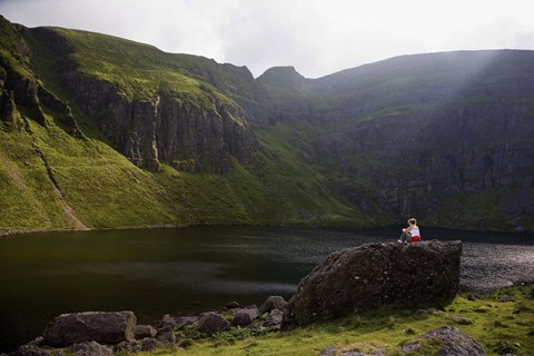 Framed Young Woman Meditating, Coumshingaun Lough, Coeragh Mountains, County Waterford, Ireland Print