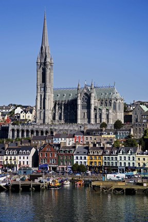 Framed Immigrant Embarkation Harbour, Terraced Houses and St Colman&#39;s Cathedral, Cobh, County Cork, Ireland (vertical) Print
