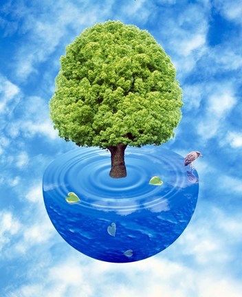 Framed Lush green tree growing from half sphere of blue water and ripples floating in cloudy blue sky Print