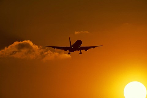 Framed Silhouette of airliner in golden sunset Print