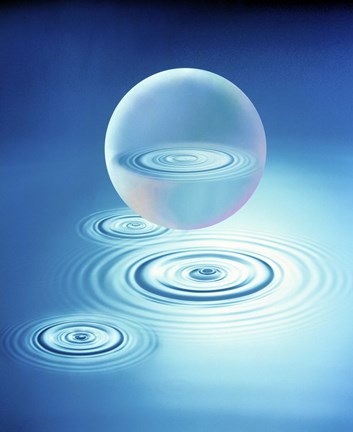 Framed Sphere with water rings reflected in center floating above three rings in blue water Print