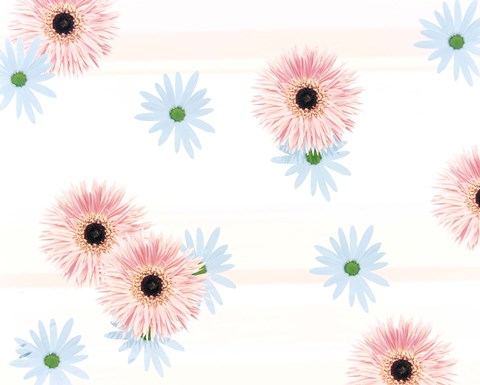 Framed Pink and blue daisies on pink blue and white fabric Print