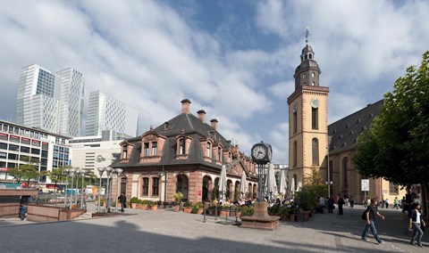 Framed Church in a city, St. Catherine&#39;s Church, Hauptwache, Frankfurt, Hesse, Germany Print