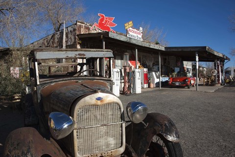 Framed Rusty car at old Route 66 visitor centre, Route 66, Hackberry, Arizona, USA Print