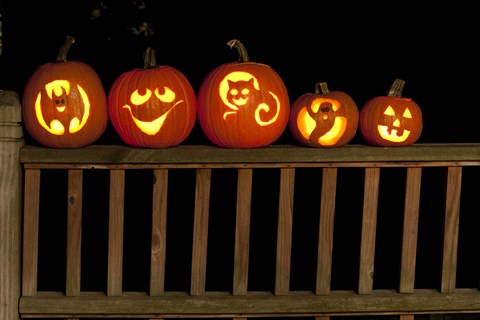 Framed Jack o&#39; lanterns lit up at night, Atlanta, Georgia, USA Print