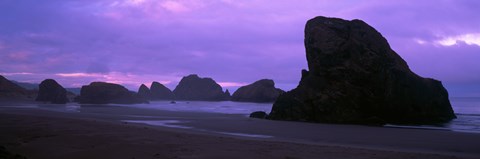 Framed Silhouette of rock formations in the sea against a pink sky, Myers Creek Beach, Oregon Print