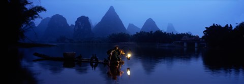 Framed Fisherman fishing at night, Li River , China Print