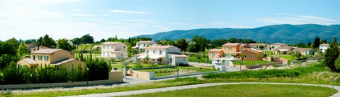 Framed High angle view of houses, Ansouis, Vaucluse, Provence-Alpes-Cote d&#39;Azur, France Print