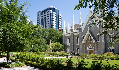 Framed Assembly hall in a city, Salt Lake Assembly Hall, Temple Square, Salt Lake City, Utah, USA Print