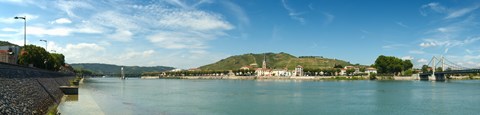 Framed Town at the waterfront, vineyards on the hill in background, Tain-l&#39;Hermitage, Rhone River, Rhone-Alpes, France Print