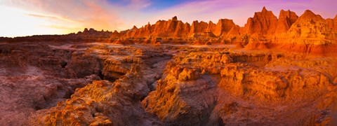Framed Alpenglow on rock formations at sunrise, Door Trail, Badlands National Park, South Dakota, USA Print