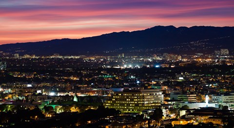 Framed High angle view of a city at dusk, Culver City, West Los Angeles, Santa Monica Mountains, Los Angeles County, California, USA Print