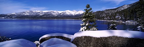 Framed Lake with a snowcapped mountain range in the background, Sand Harbor, Lake Tahoe, California, USA Print