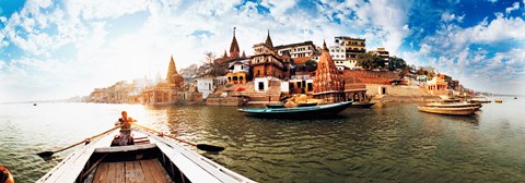 Framed Boats in the Ganges River, Varanasi, Uttar Pradesh, India Print