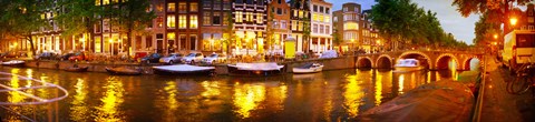 Framed Buildings along a canal at dusk, Amsterdam, Netherlands Print