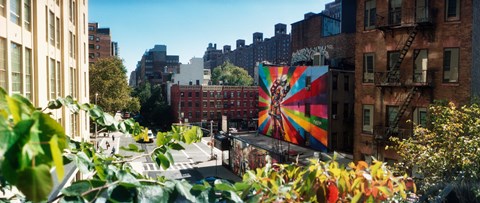 Framed Buildings around a street from the High Line in Chelsea, New York City, New York State, USA Print