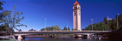 Framed Bridge with Clock Tower in the background, Riverfront Park, Spokane, Washington State, USA Print