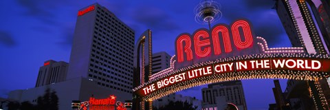 Framed Low angle view of the Reno Arch at dusk, Virginia Street, Reno, Nevada, USA 2013 Print