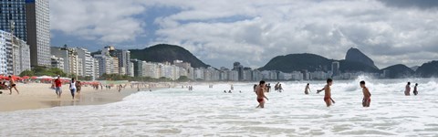 Framed People enjoying on Copacabana Beach with Sugarloaf Mountain in background, Rio De Janeiro, Brazil Print