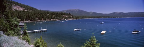 Framed Boats in a lake with mountains in the background, Lake Tahoe, California, USA Print