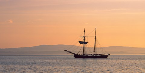 Framed Tall ship in the Baie De Douarnenez at sunrise, Finistere, Brittany, France Print