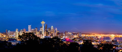 Framed High angle view of a city at dusk, Seattle, King County, Washington State, USA 2012 Print