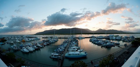 Framed Boats at a marina at dusk, Shangri-La Hotel, Cairns, Queensland, Australia Print