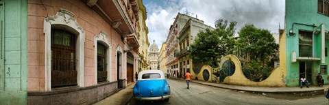 Framed Car in a street with a government building in the background, El Capitolio, Havana, Cuba Print