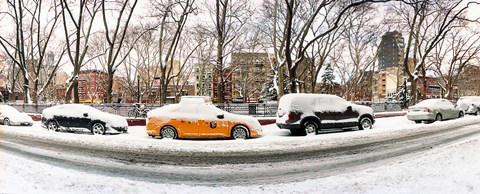Framed Snow covered cars parked on the street in a city, Lower East Side, Manhattan, New York City, New York State, USA Print