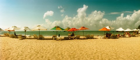 Framed People relaxing under umbrellas on the beach, Morro De Sao Paulo, Tinhare, Cairu, Bahia, Brazil Print