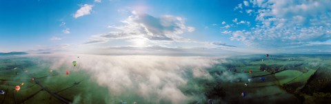 Framed Hot air balloons flying over mountain, Adirondack Mountains, New York State, USA Print