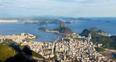 Framed High angle view of the city with Sugarloaf Mountain in background, Guanabara Bay, Rio De Janeiro, Brazil Print