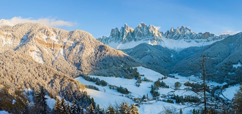 Framed Snowy valley in winter, St. Magdalena, Geisler Spitzen, Val di Funes, Dolomites, Trentino-Alto Adige, South Tyrol, Italy Print