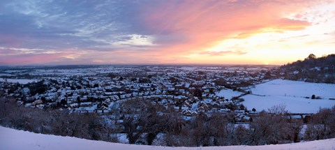 Framed High angle view of a town in winter, Wotton-Under-Edge, Gloucestershire, England Print