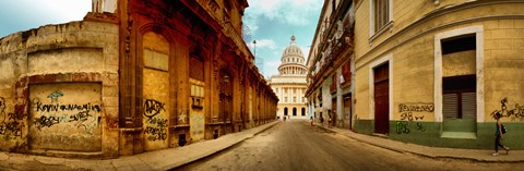 Framed Buildings along street, El Capitolio, Havana, Cuba Print