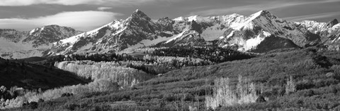 Framed Mountains covered with snow and fall colors, near Telluride, Colorado (black and white) Print