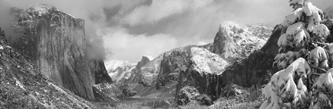 Framed Black and white view of Mountains and waterfall in snow, El Capitan, Yosemite National Park, California Print