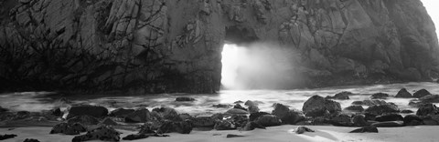 Framed Rock formation on the beach in black and white, Big Sur, California Print